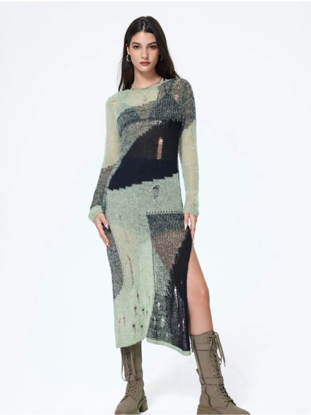 CIDER Distressed Knit Midi Dress with Side Slit - Mint Black
